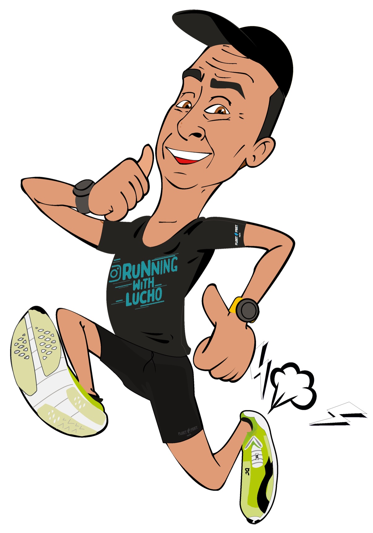 Caricature of Lucho Rivera running, the Running With Lucho character